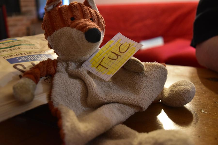 Photo en intérieur. Un doudou, visiblement utilisé, en forme de petit renard, a sur son ventre un bout de papier sur lequel est écrit à la main : « TUC ».