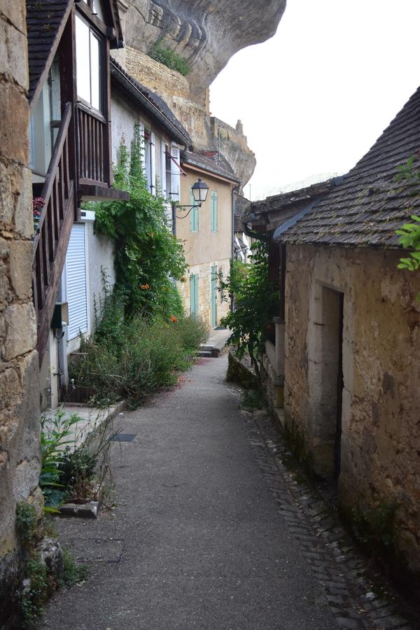 Photo d'une rue piétonne de Tursac. À droite et à gauche, des petites maisons. Et au-dessus, la falaise, qui fait office d'abri.